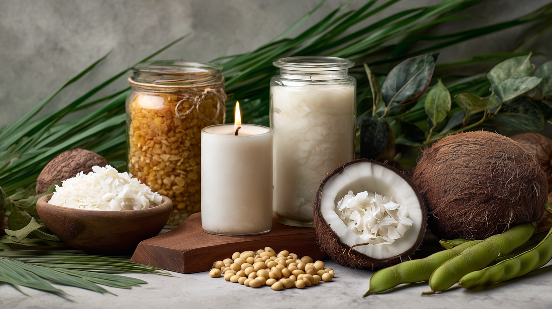 Still life photo showing a soy wax candle surrounded by coconuts, soybeans, leaves, and beeswax pellets.