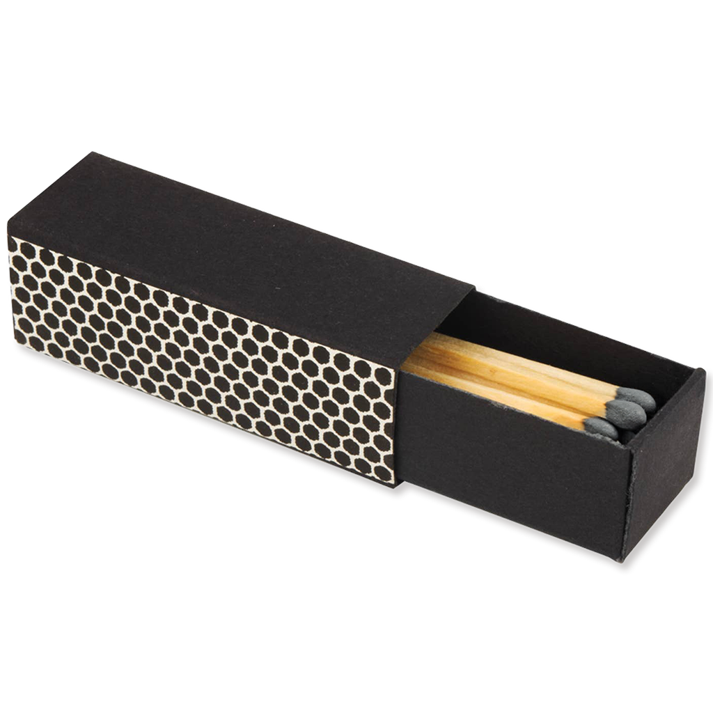 Black matchbox with honeycomb pattern and matches inside on a white background