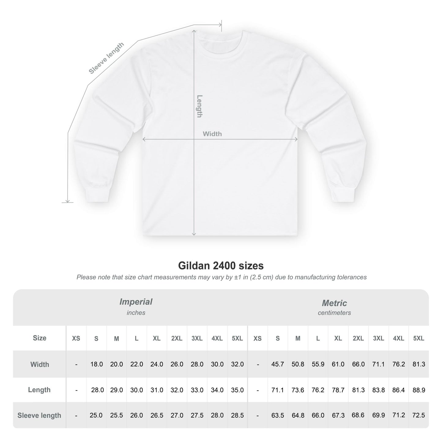 Gildan 2400 size chart for a white t-shirt with measurements in inches and centimeters.