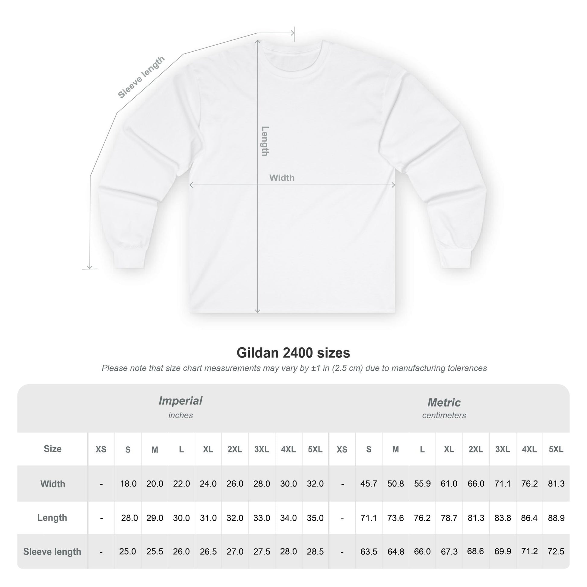 Gildan 2400 size chart for a white t-shirt with measurements in inches and centimeters.