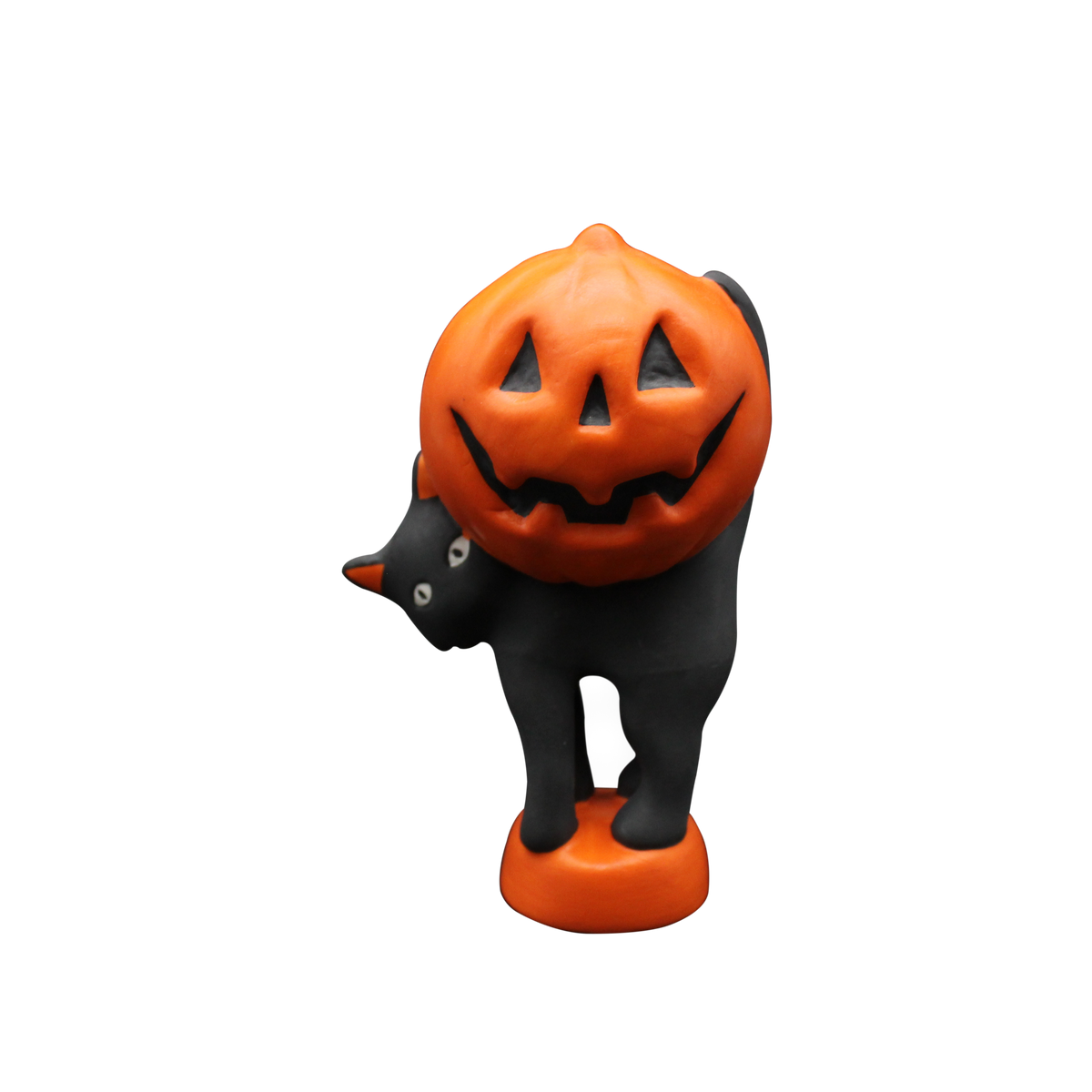 A Halloween ornament featuring a black cat with an orange Jack-o-lantern on its back.