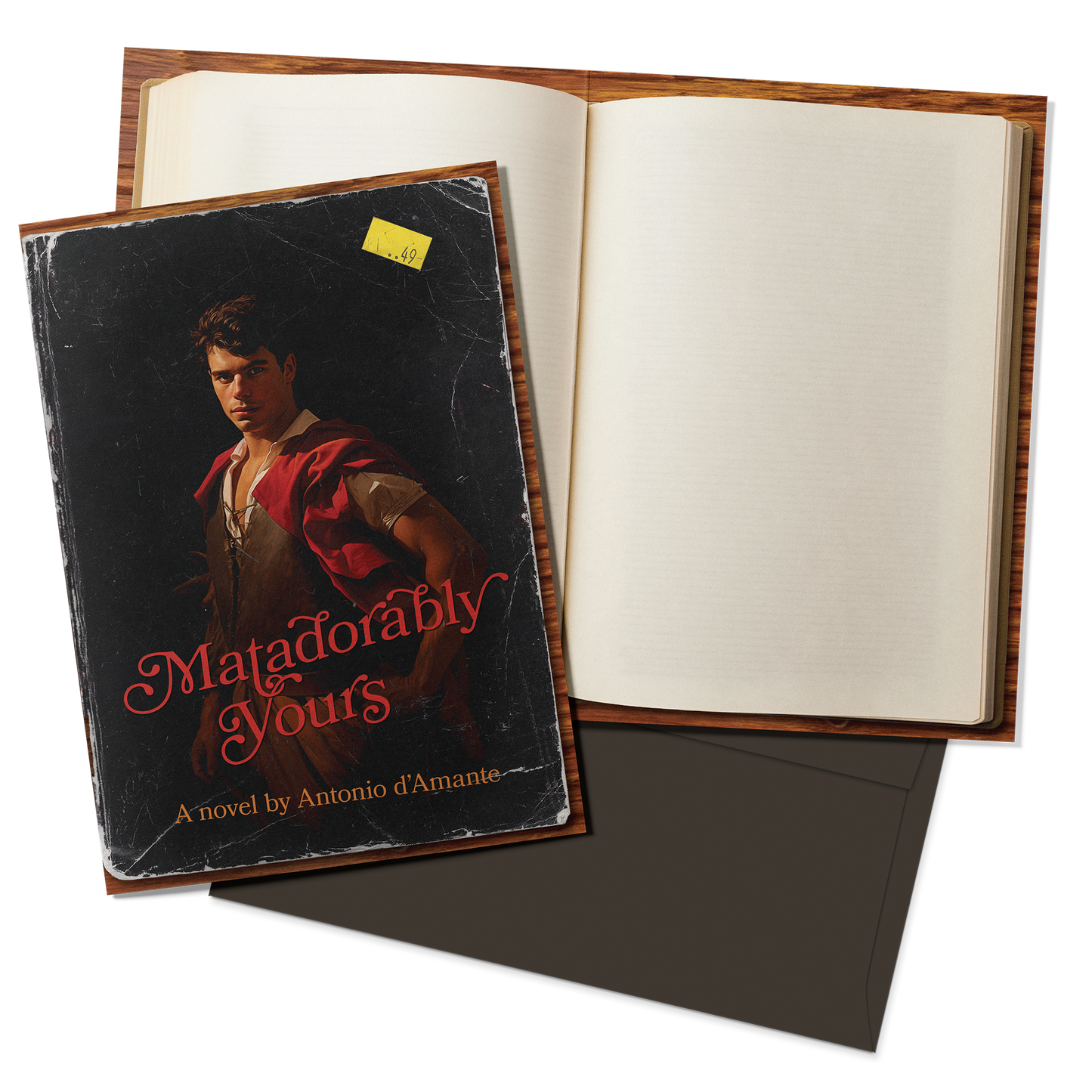 Book titled 'Matadorably Yours' by Antonio d'Amore with a dark cover and open book showing blank pages.