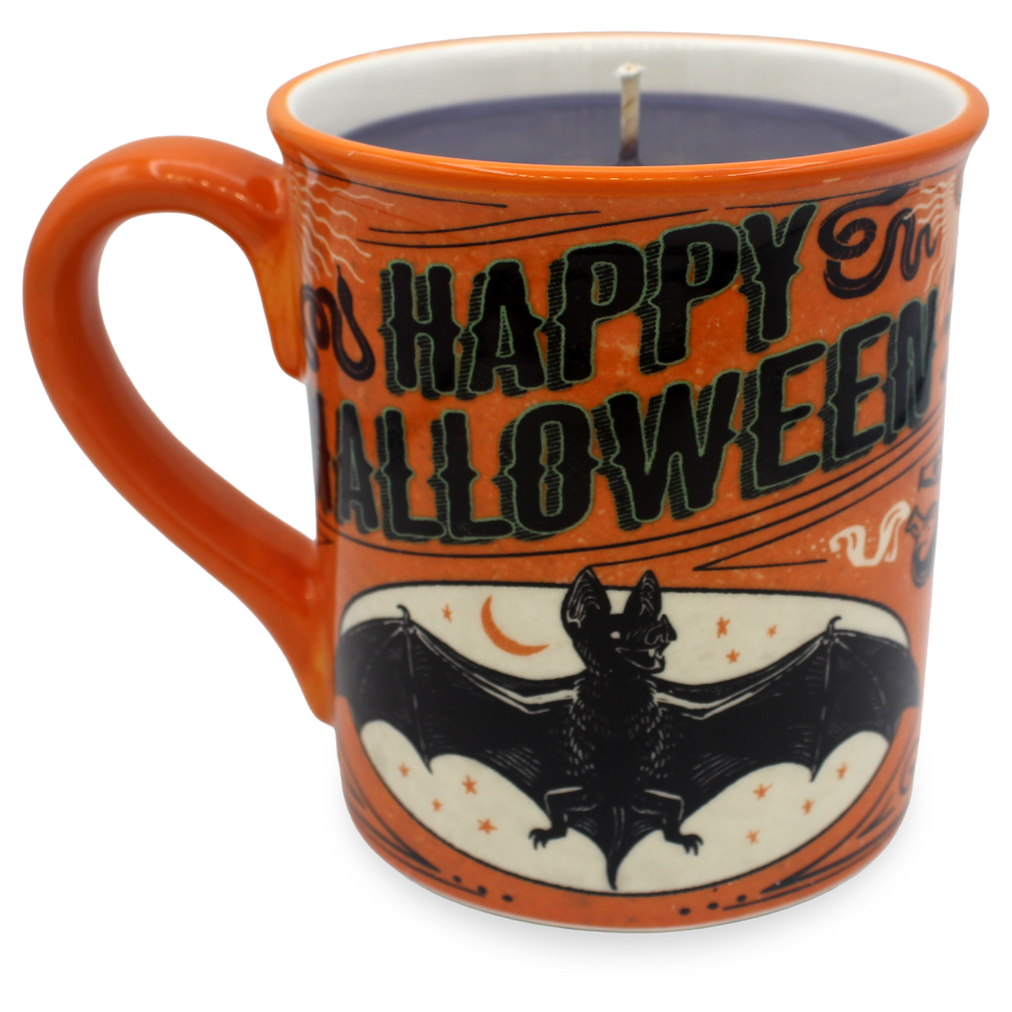 An orange ceramic mug candle with a Halloween theme, featuring 'HAPPY HALLOWEEN' text and a bat illustration on a white background.