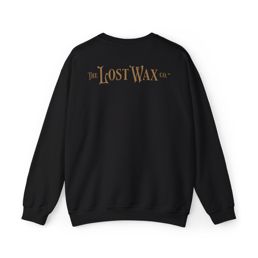 Black sweatshirt with 'The Lost Wax Co.' logo on the back against a white background