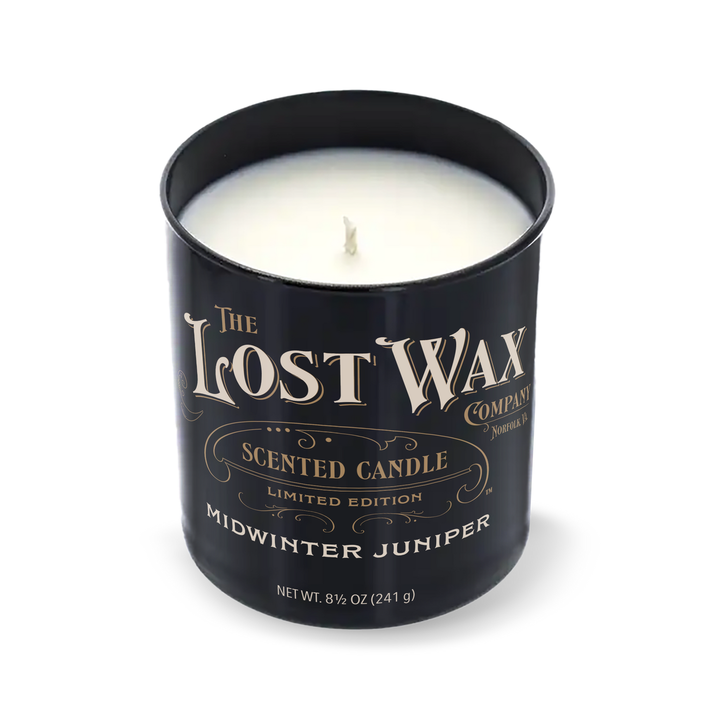 Midwinter Juniper Candle in a black container with 'The Lost Wax Company' branding on a white background