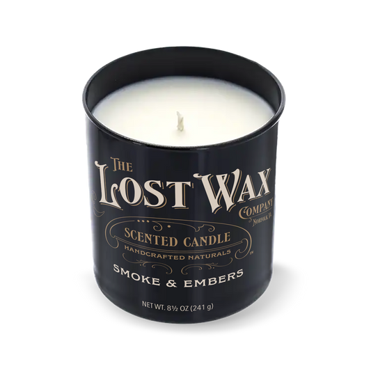 Smoke & Embers Candle in a black container with 'The Lost Wax Company' branding on a white background