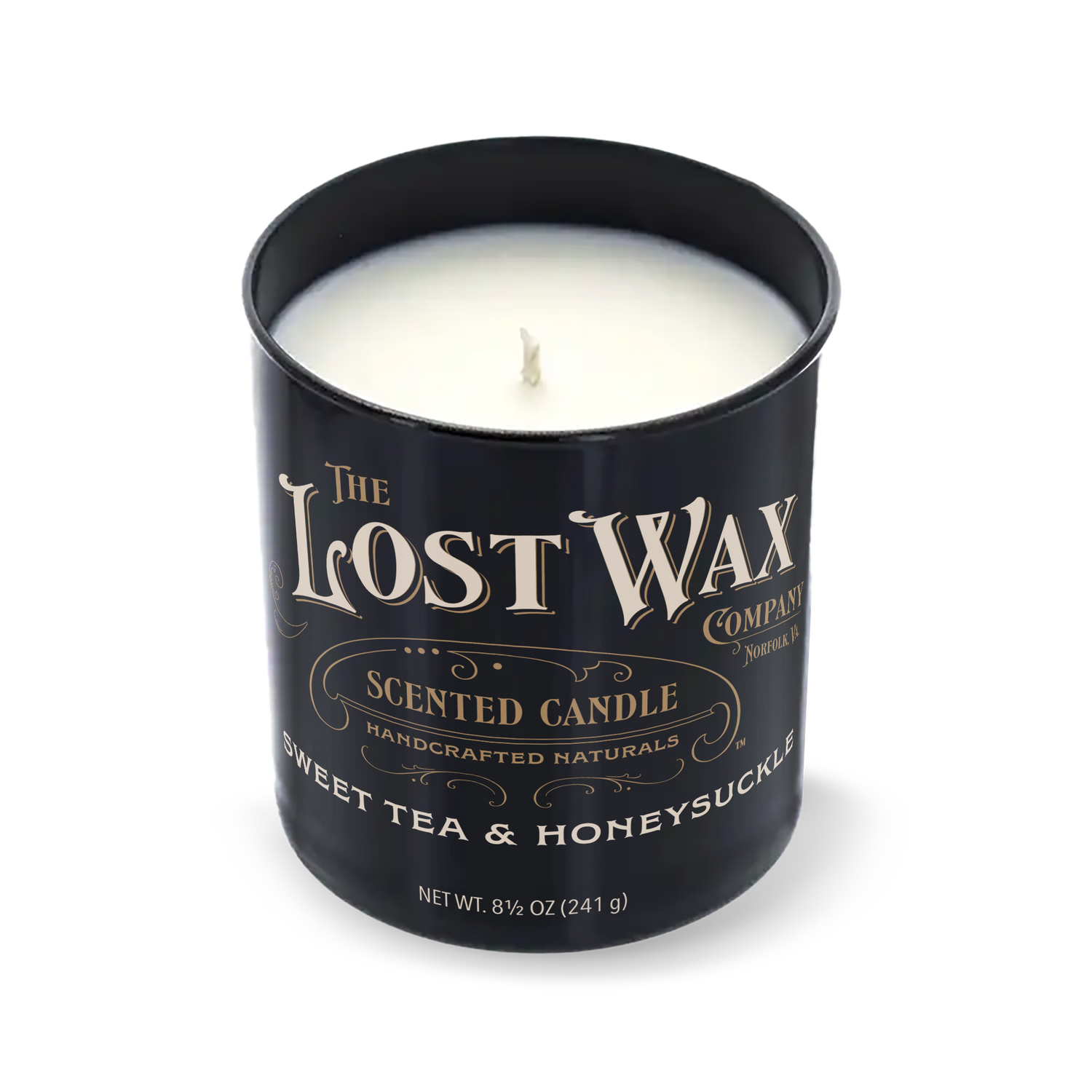 Sweet Tea & Honeysuckle scented candle in a black container with 'The Lost Wax Company' branding on a white background