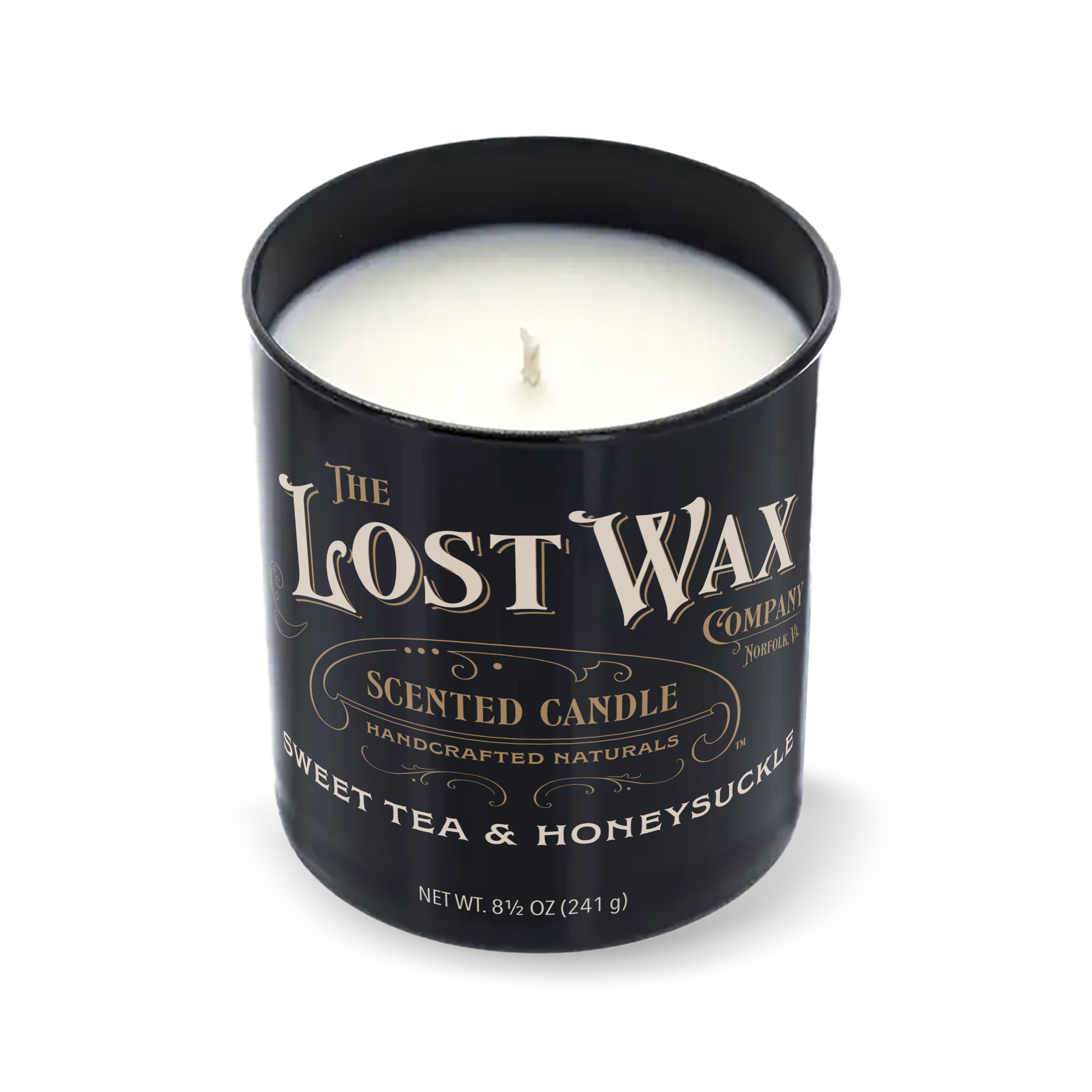 Sweet Tea & Honeysuckle scented candle in a black container with 'The Lost Wax Company' branding on a white background