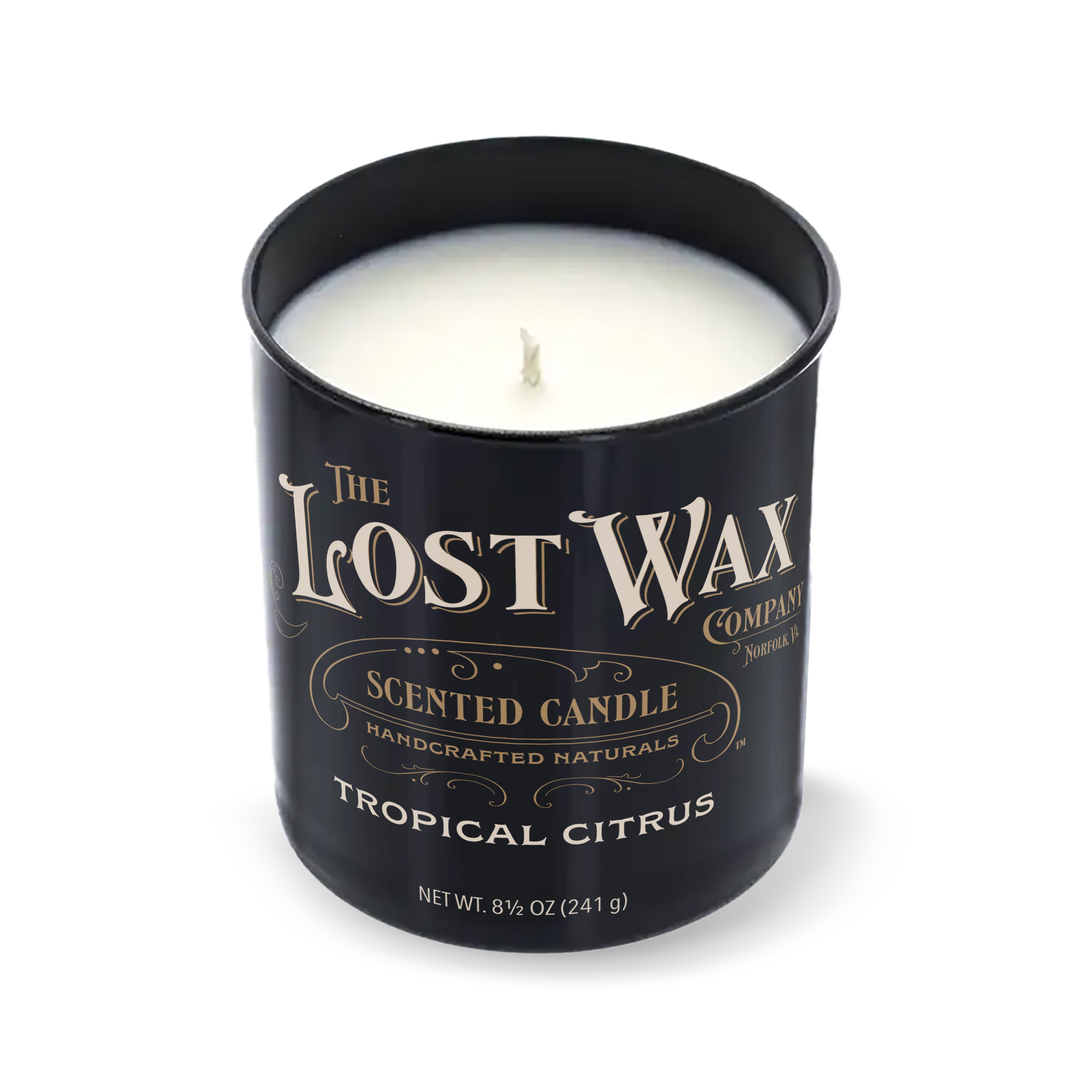 Tropical Citrus Scented candle in a black container with 'The Lost Wax Company' branding on a white background