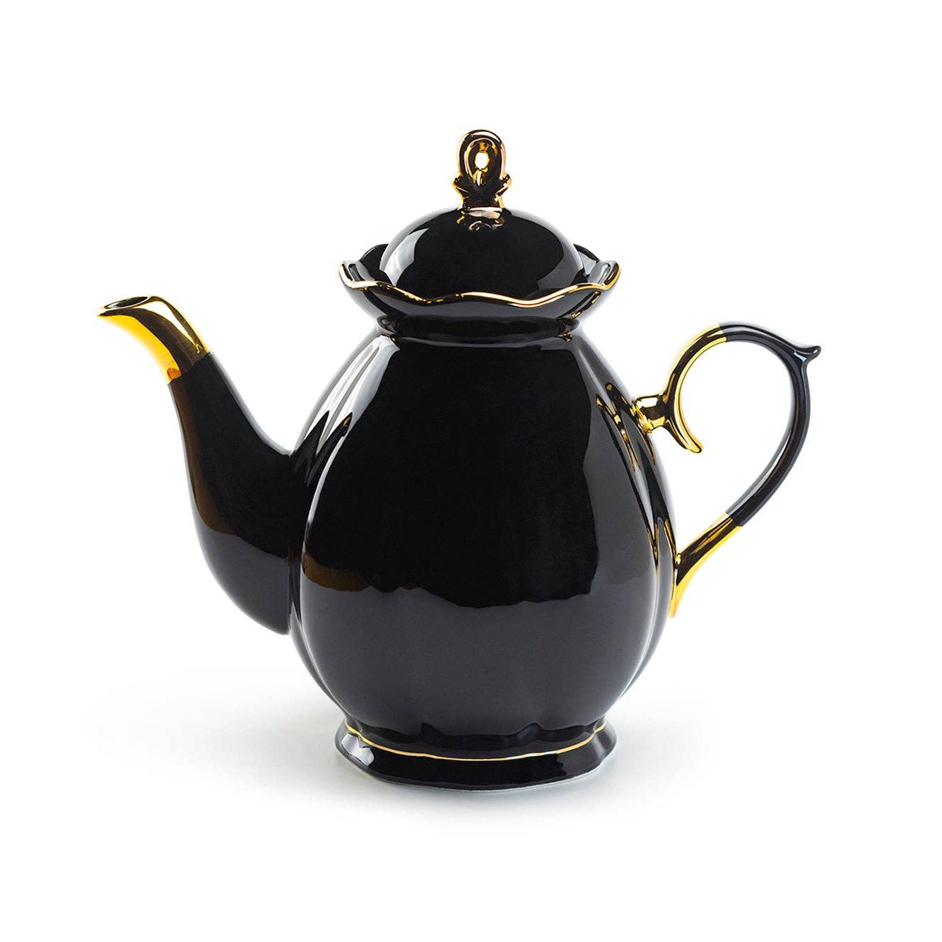 Black teapot with gold accents on a white background