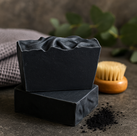 Two bars of black handmade soap
