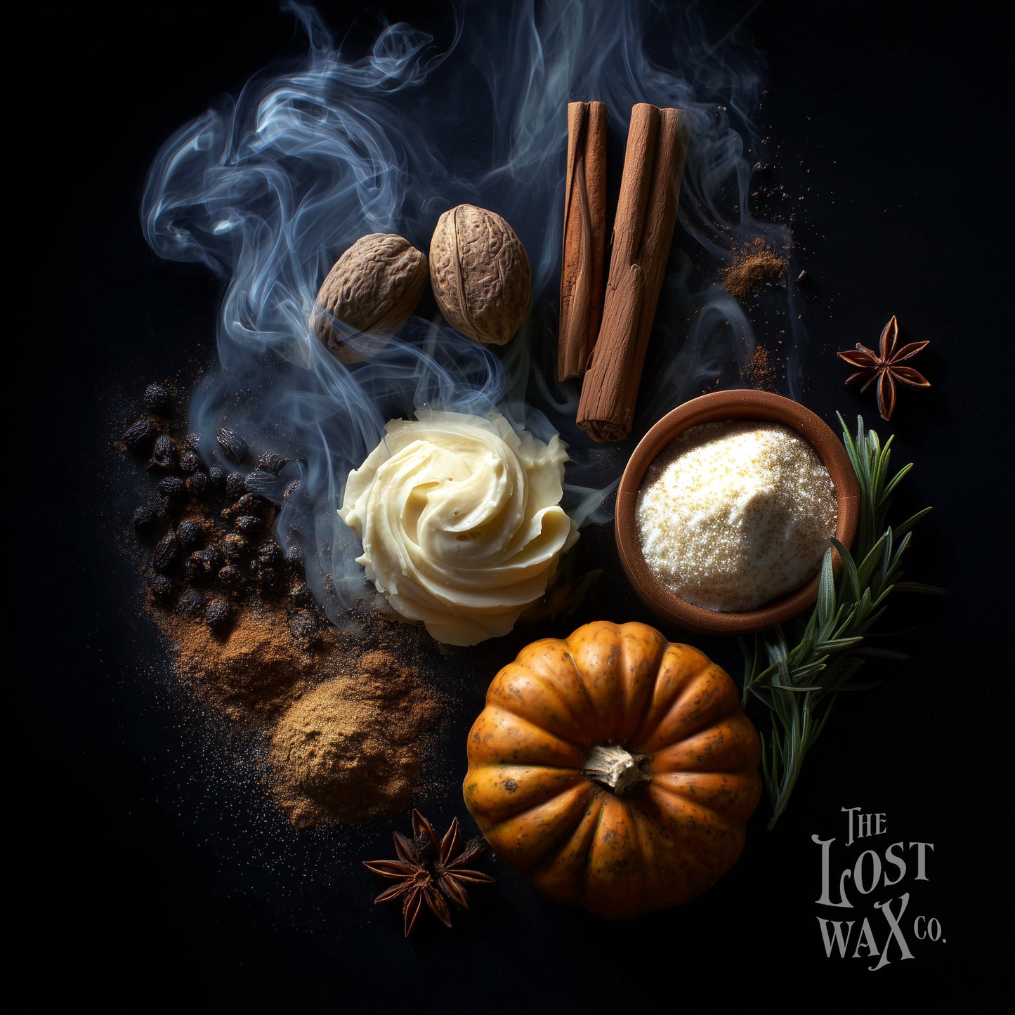 Ingredients for a pumpkin pie: clove, cinnamon, nutmeg, buttercream, vanilla and pumpkin, with a few wisps of smoke for atmosphere.