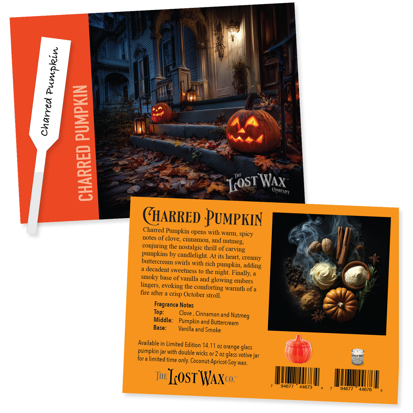 Lost Wax Charred Pumpkin fragrance sample card with detailed description and branding.