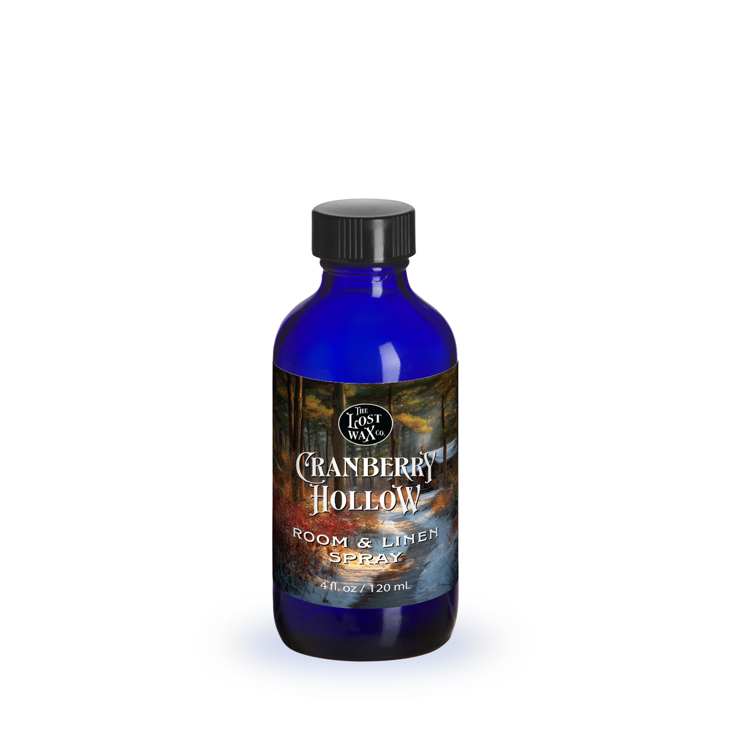 Blue bottle of 'Cranberry Hollow' room & liner spray on a white background