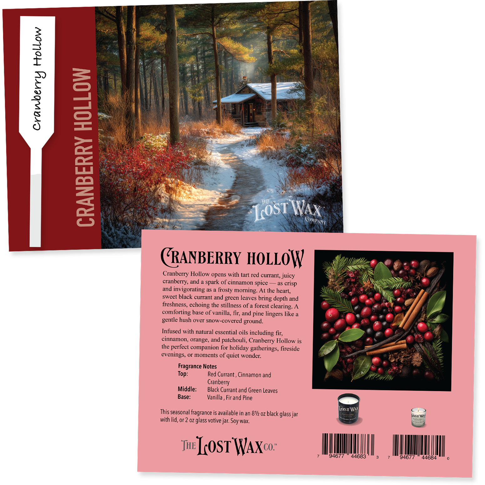 Cranberry Hollow fragrance sample card with forest scene and product details.