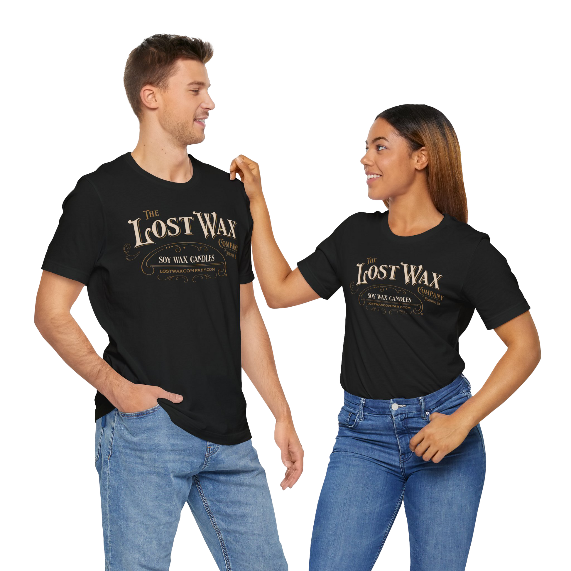 Two people wearing black t-shirts with 'The Lost Wax Company' logo on a white background