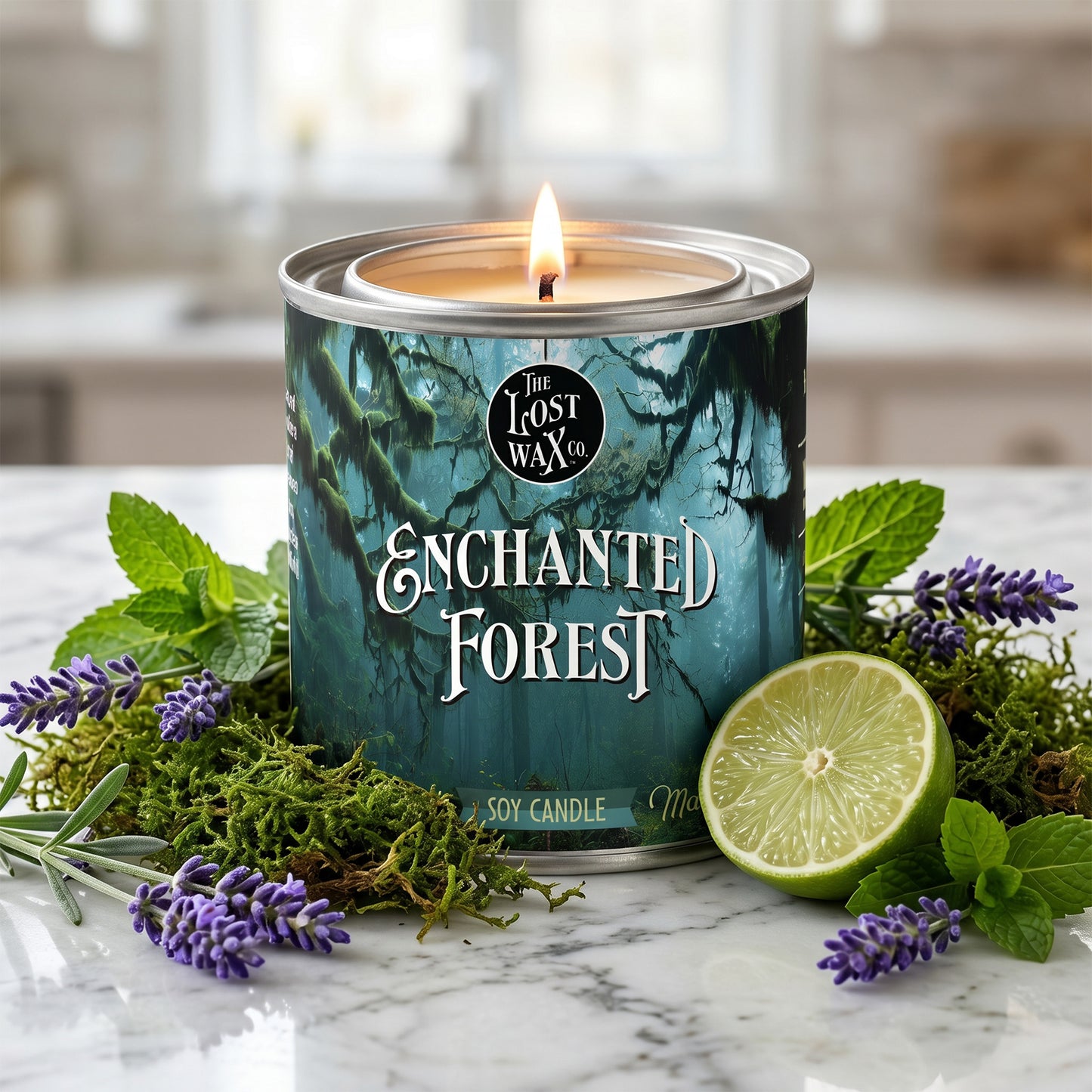 Candle in a decorative can labeled 'Enchanted Forest' with natural elements on a marble surface.