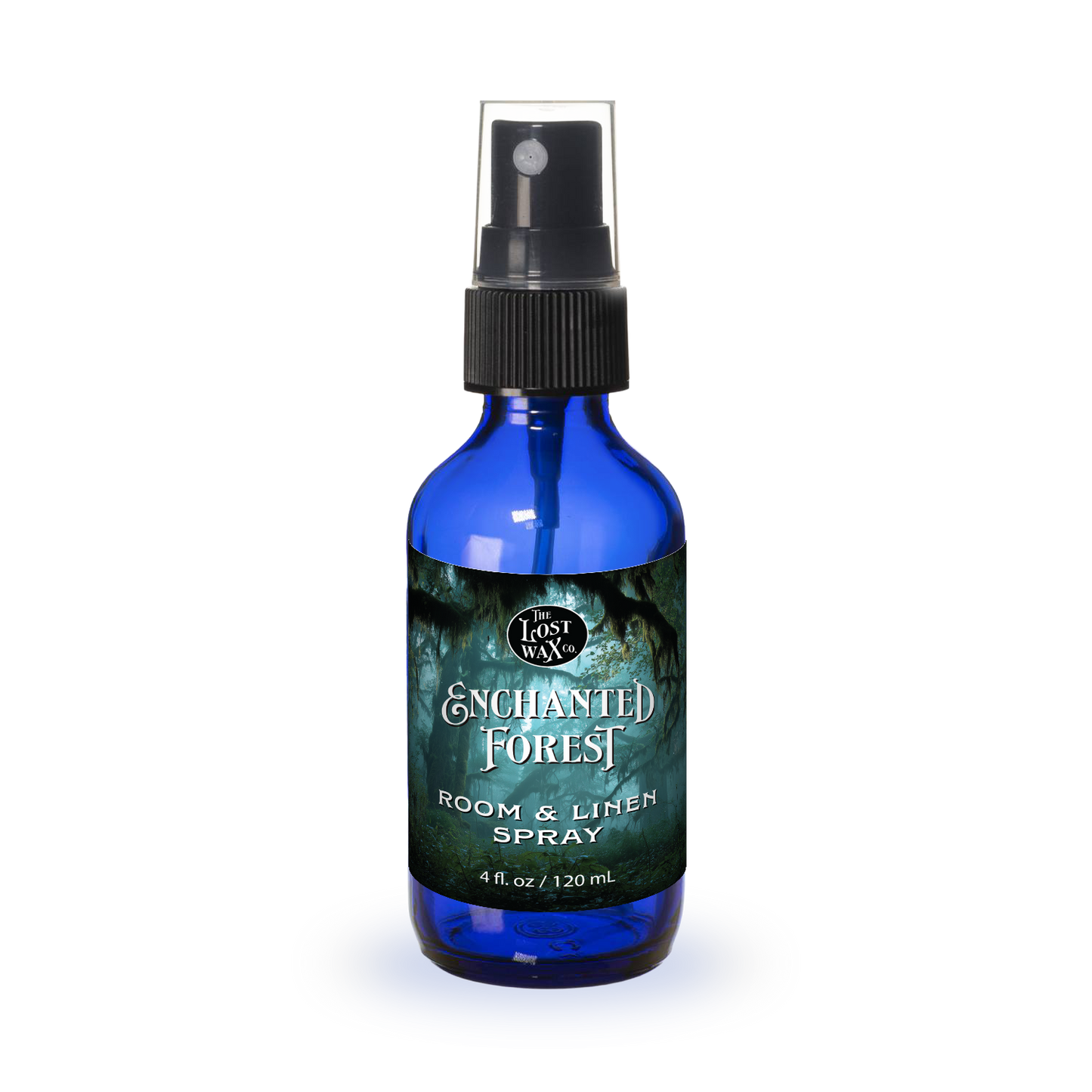 Blue spray bottle labeled 'Enchanted Forest' on a white background