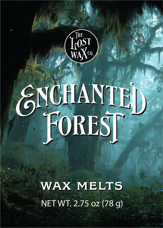 Wax melts packaging with 'The Lost Wax Co.' branding and 'Enchanted Forest' theme.
