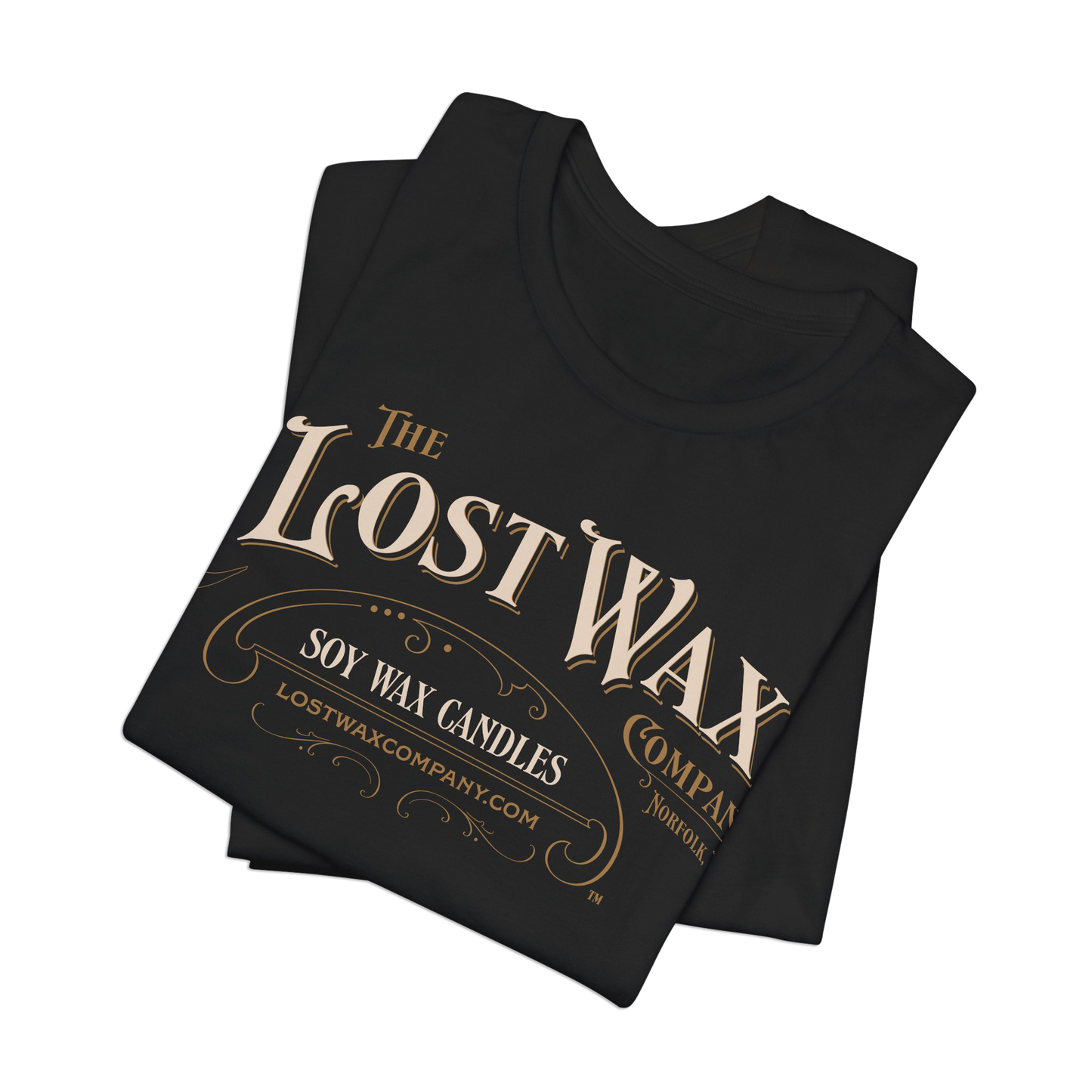 Black t-shirt with 'The Lost Wax Company' logo on a white background
