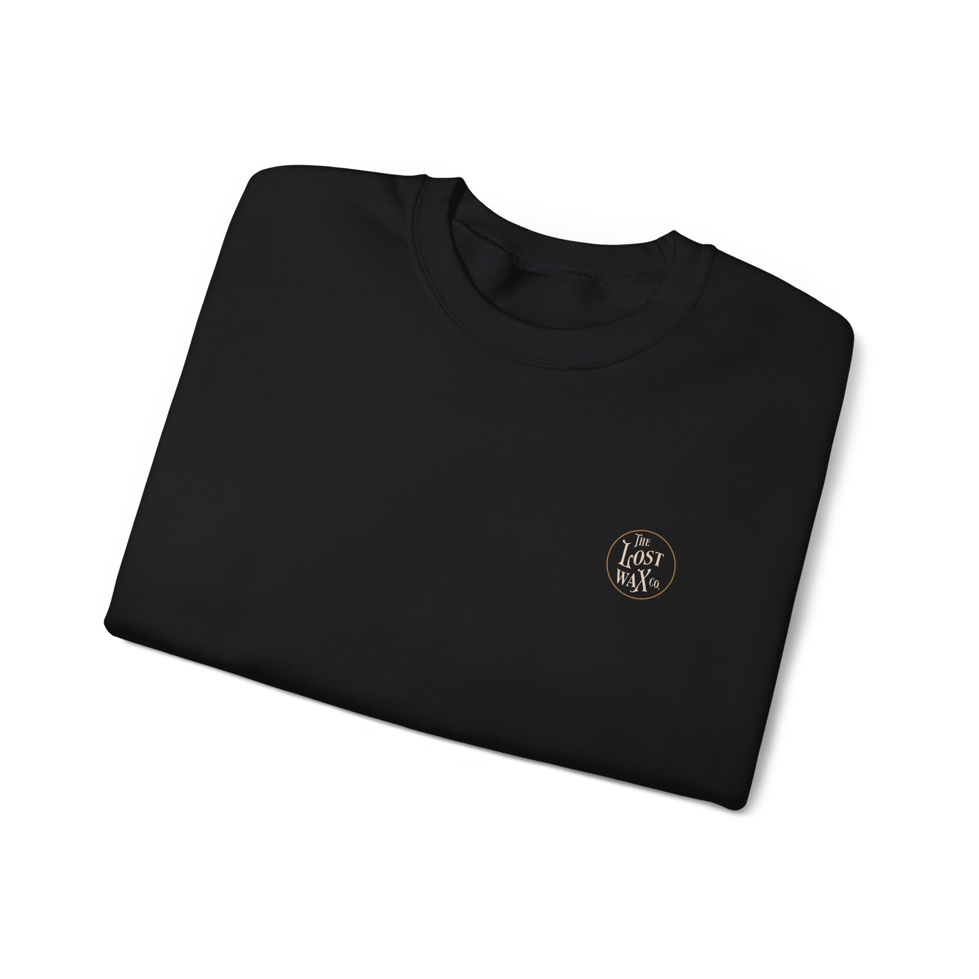 Folded black sweatshirt with a logo on a white background