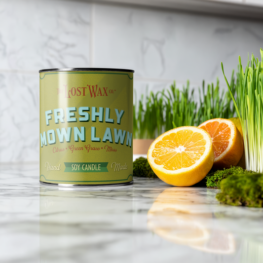 Candle labeled 'Freshly Mown Lawn' with lemons and grass on a marble surface