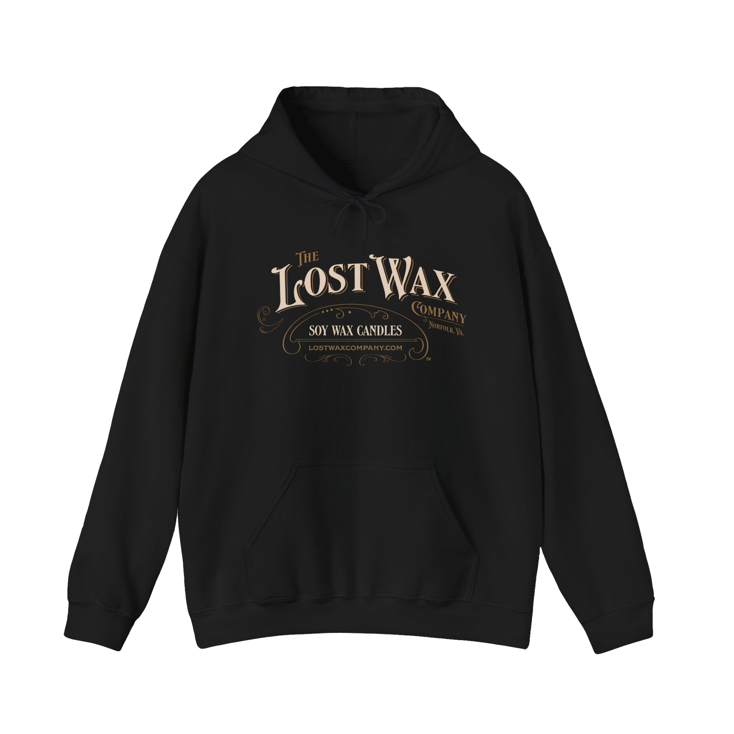 Black hoodie with 'The Lost Wax Company' logo on a white background