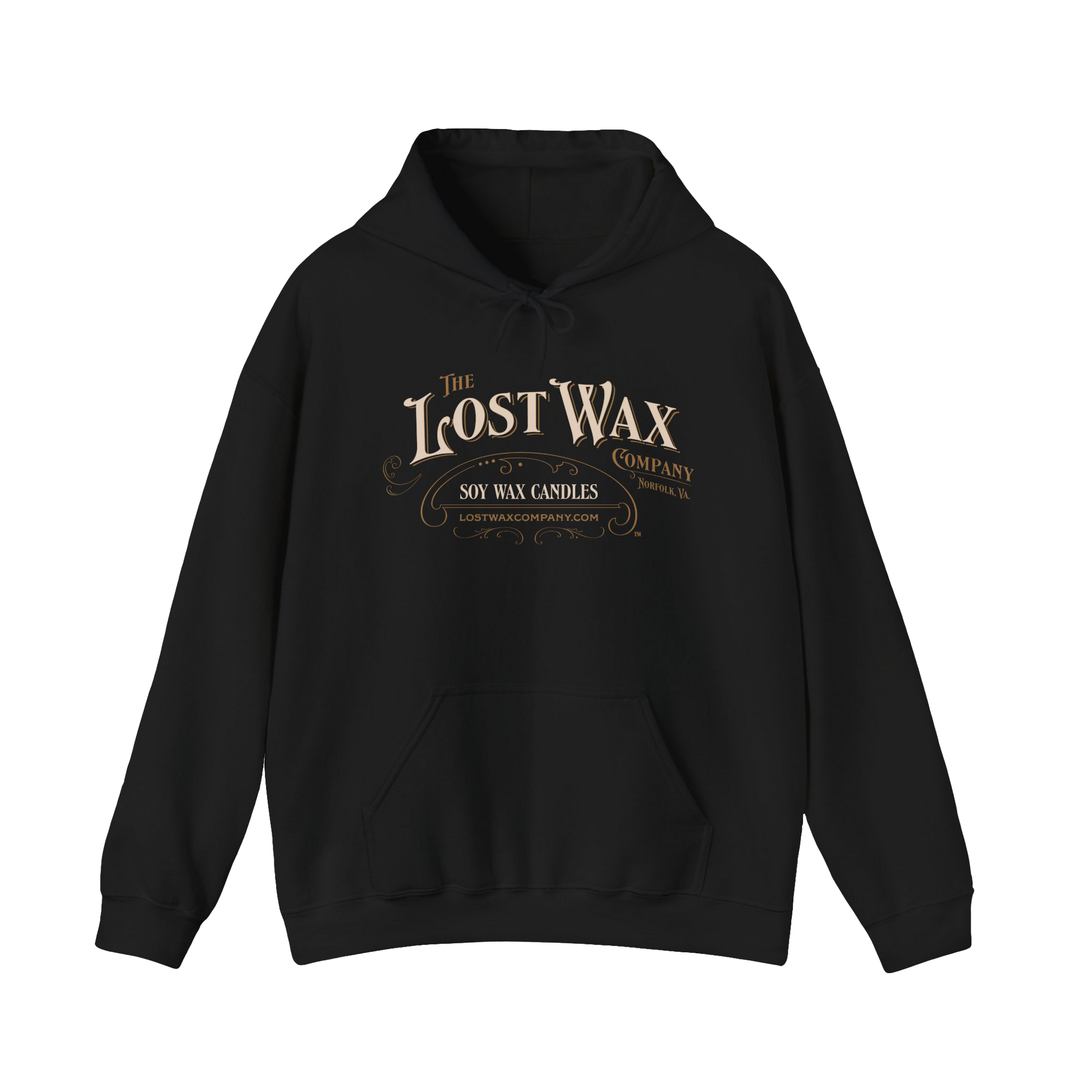 Black hoodie with 'The Lost Wax Company' logo on a white background