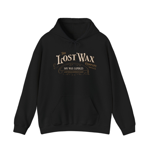 Black hoodie with 'The Lost Wax Company' logo on a white background