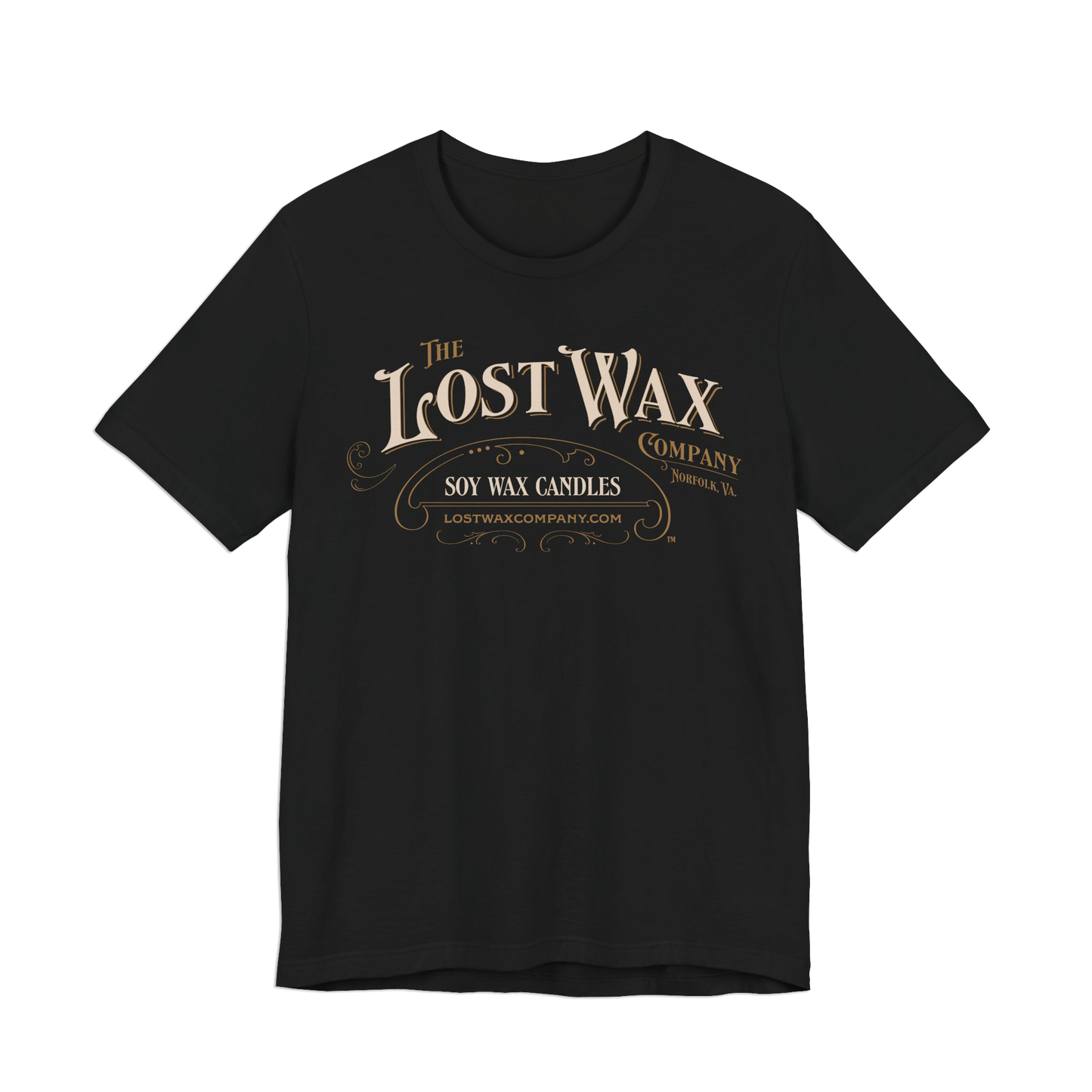 Black t-shirt with 'The Lost Wax Company' logo on a white background