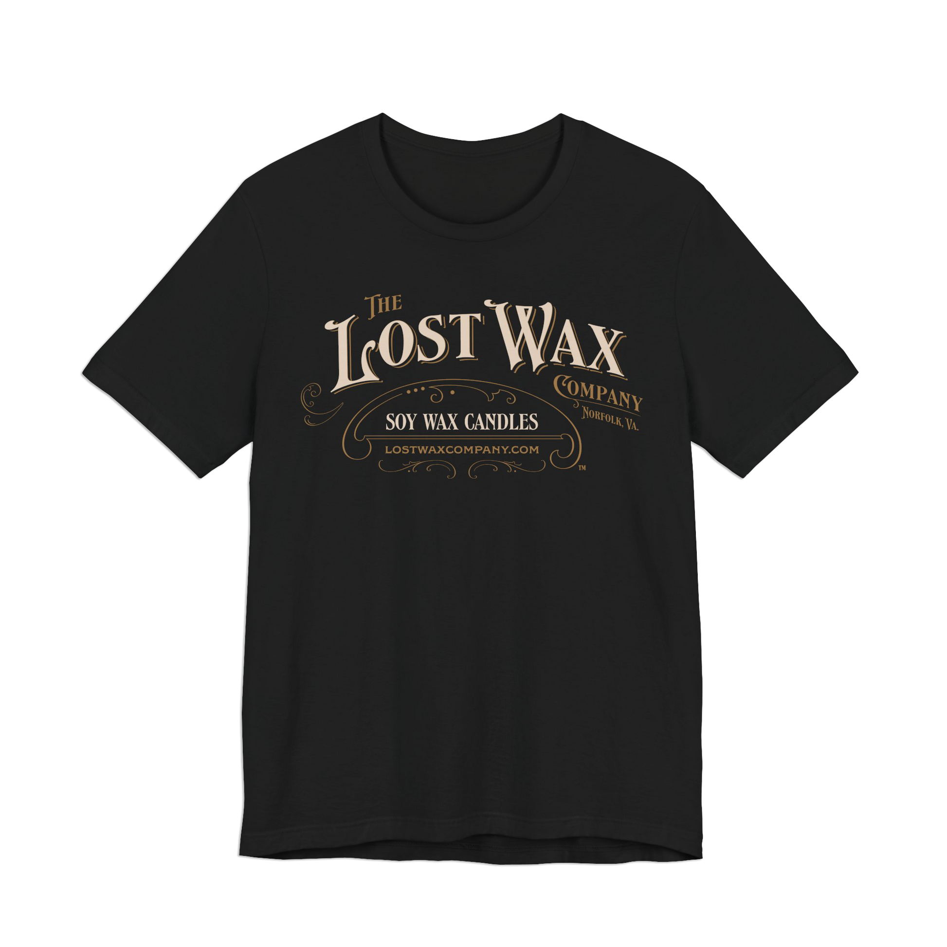Black t-shirt with 'The Lost Wax Company' logo on a white background