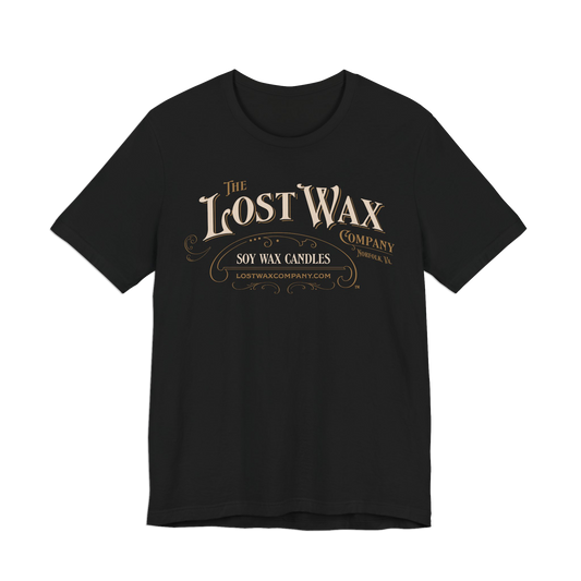Black t-shirt with 'The Lost Wax Company' logo on a white background