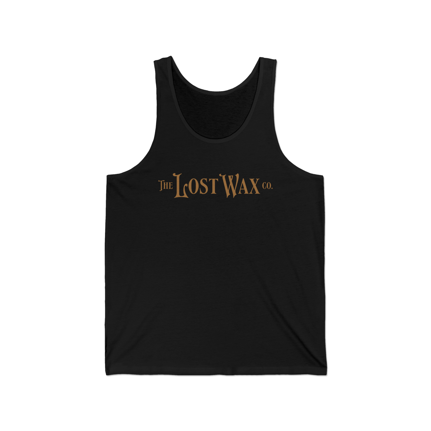 Black tank top with 'The Lost Wax Co.' text on a white background