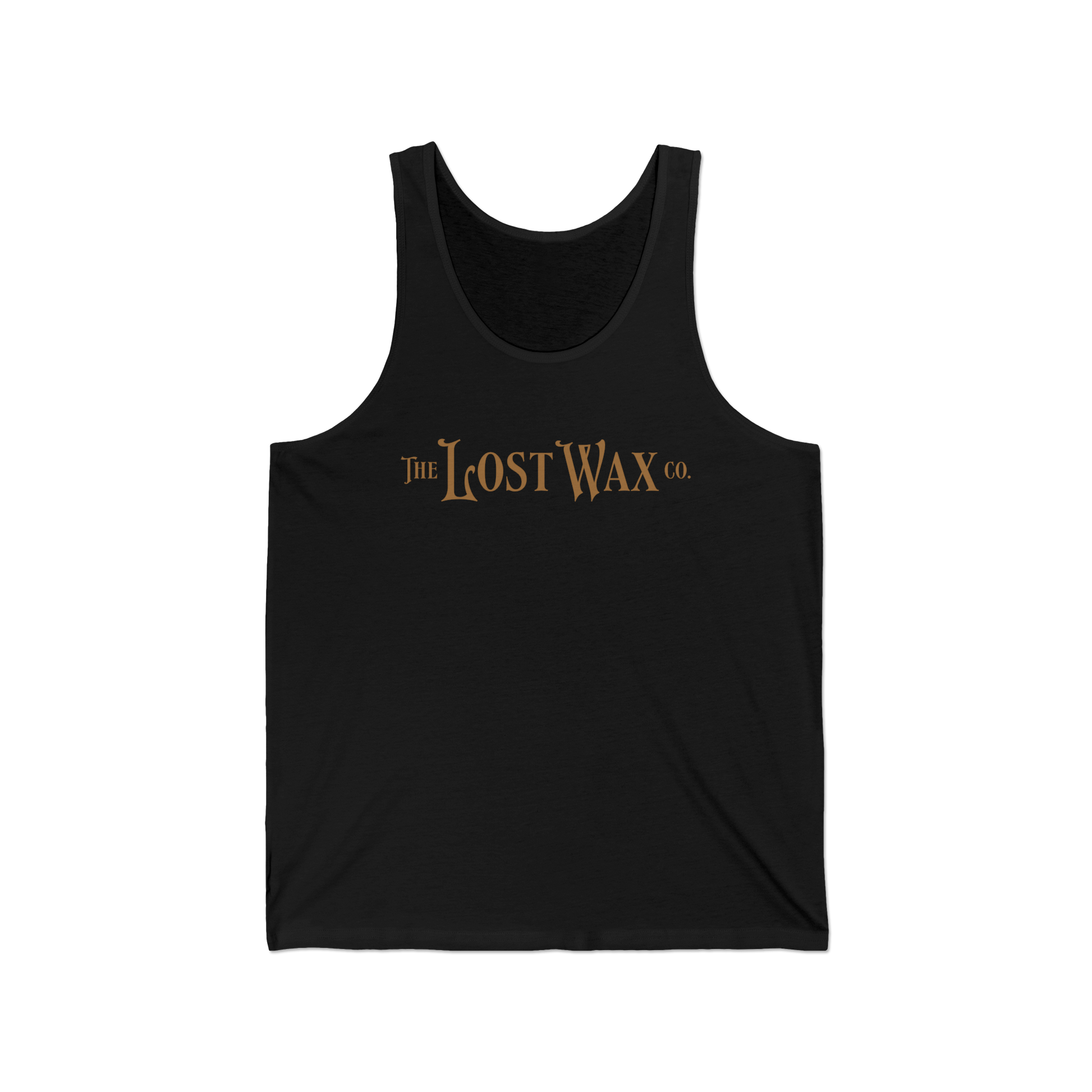 Black tank top with 'The Lost Wax Co.' text on a white background