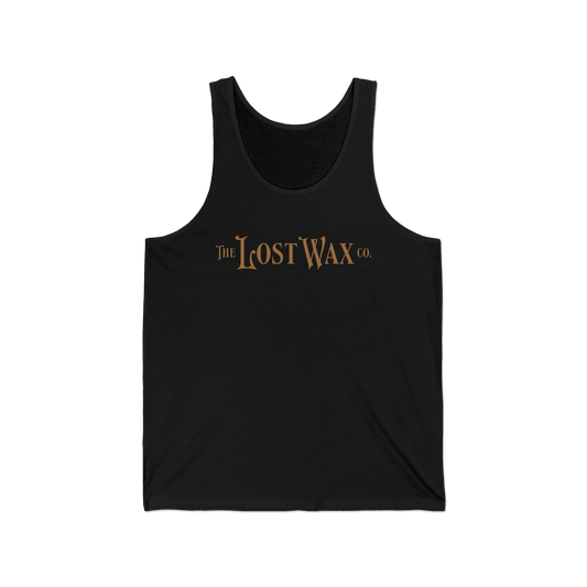 Black tank top with 'The Lost Wax Co.' text on a white background