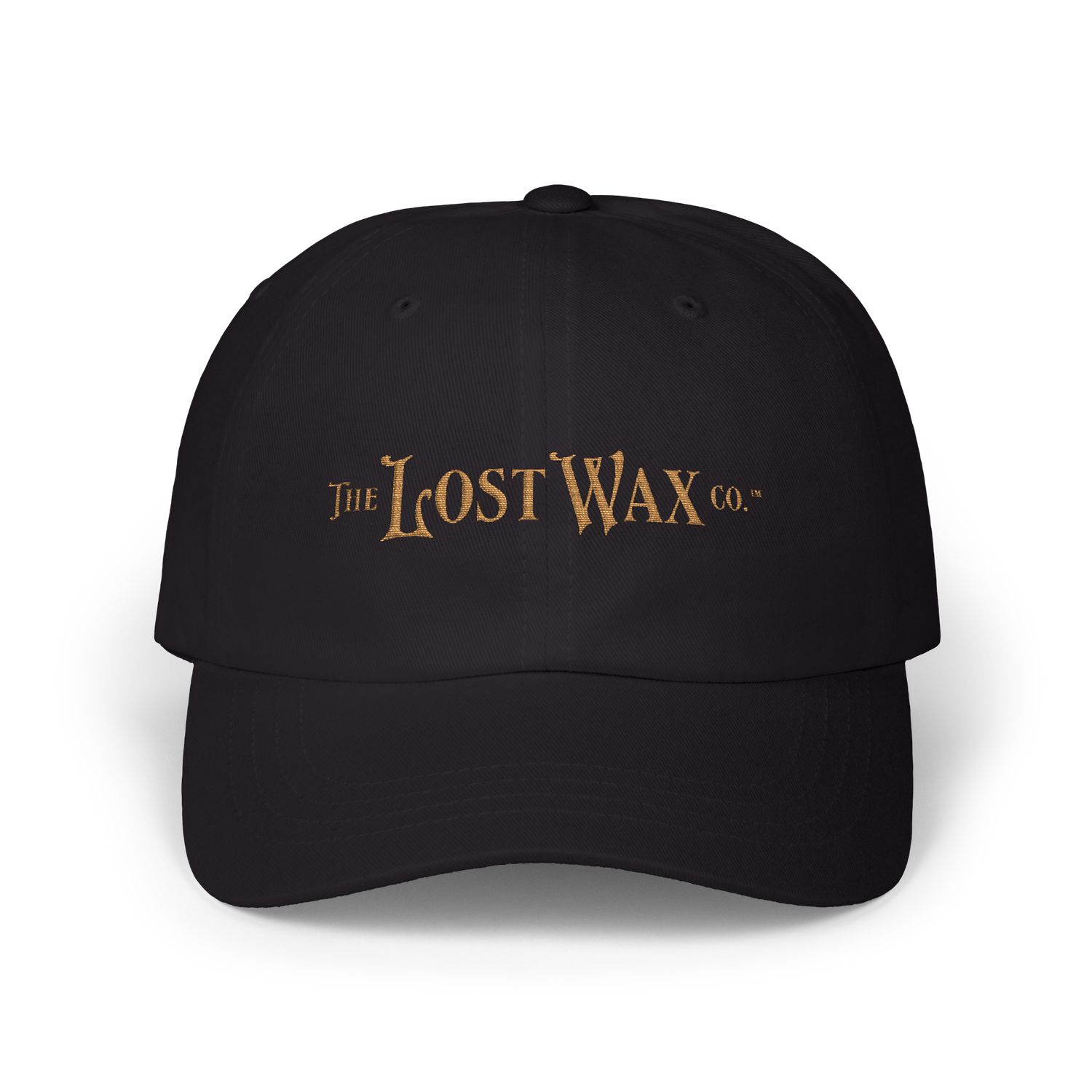 Black cap with 'The Lost Wax Co.' logo on a white background
