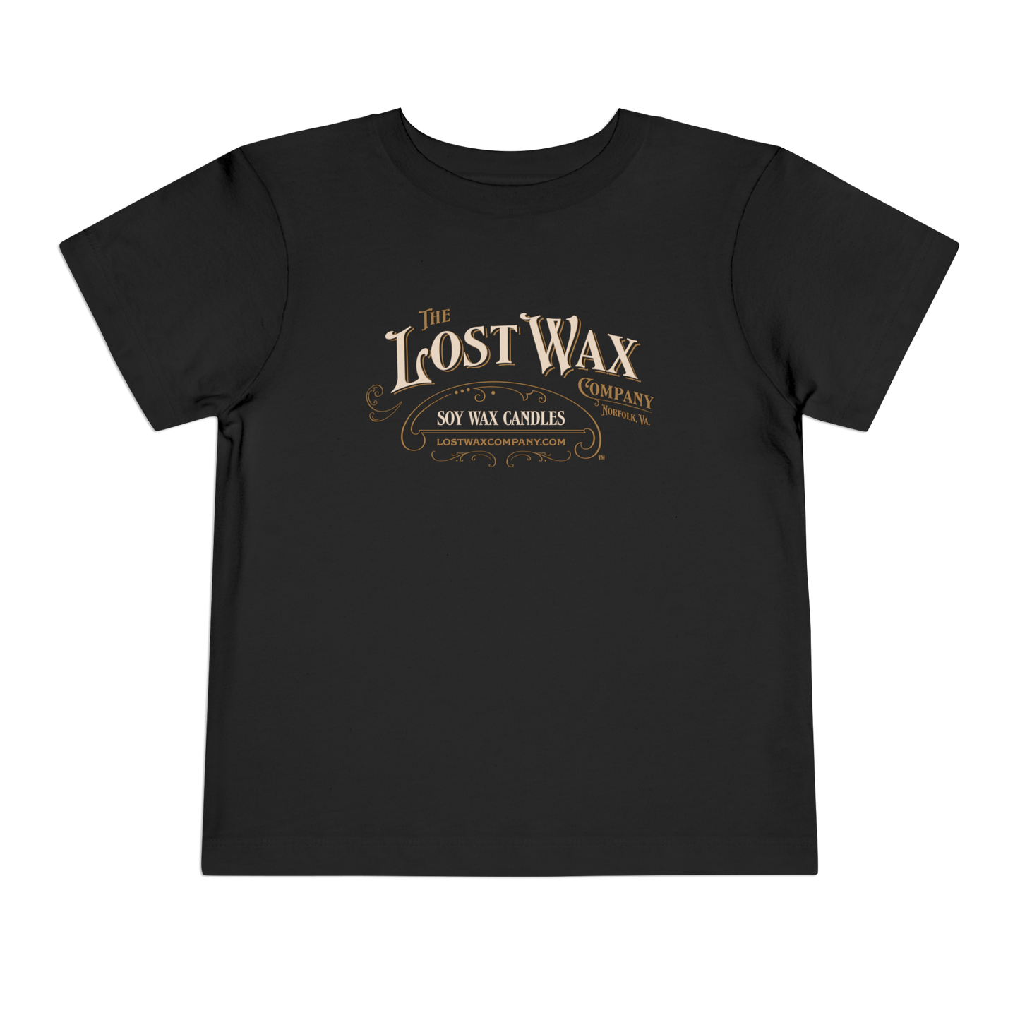 Black t-shirt with 'The Lost Wax Company' logo on a white background