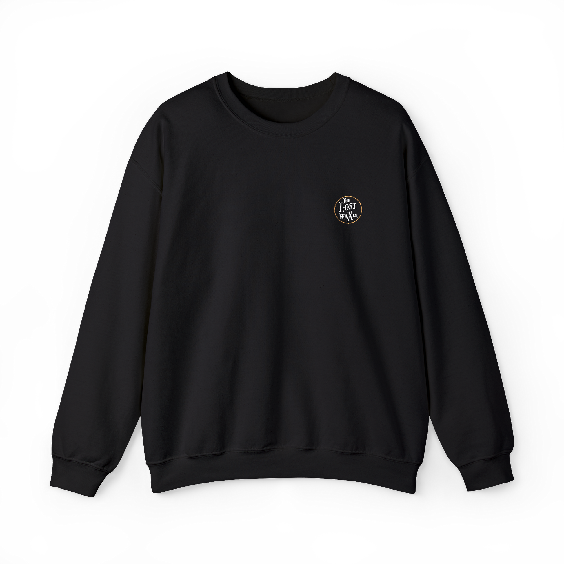 Black sweatshirt with a small logo on the chest against a white background
