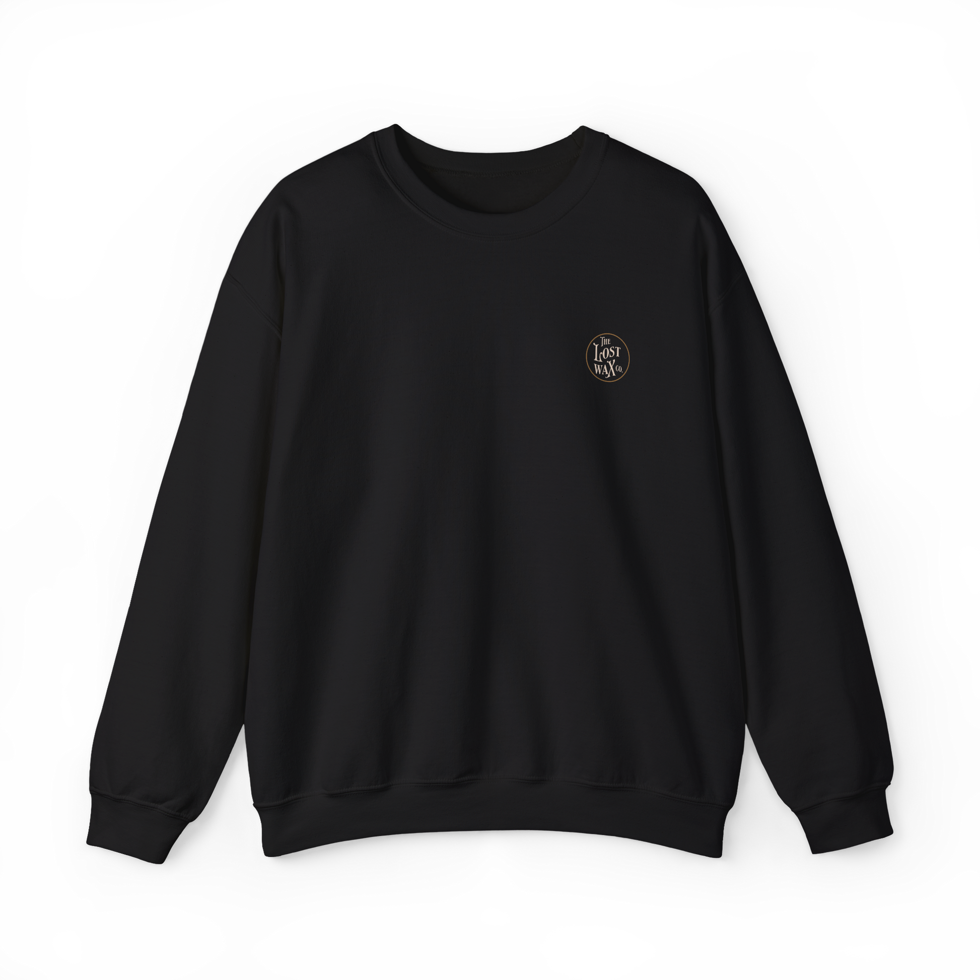 Black sweatshirt with a small logo on the chest against a white background