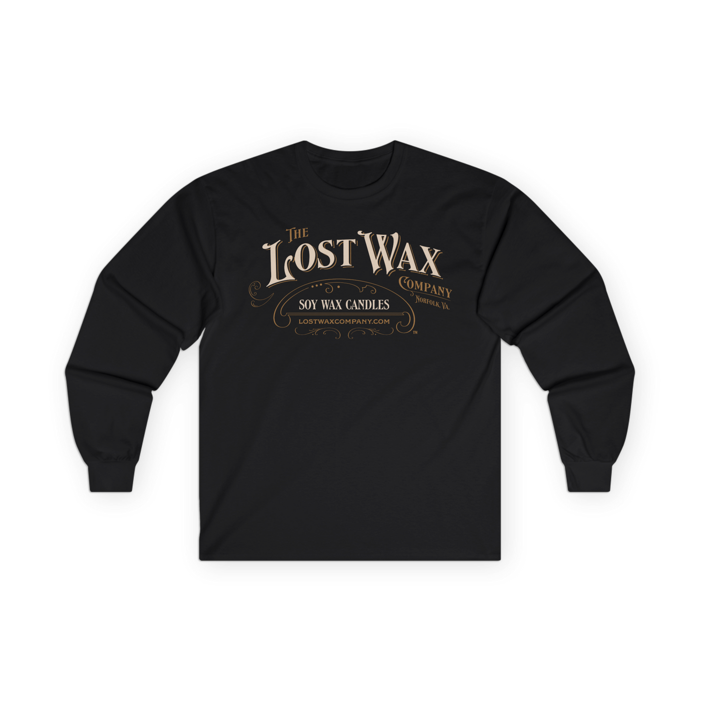 Black long-sleeve shirt with 'The Lost Wax Company' logo on a white background