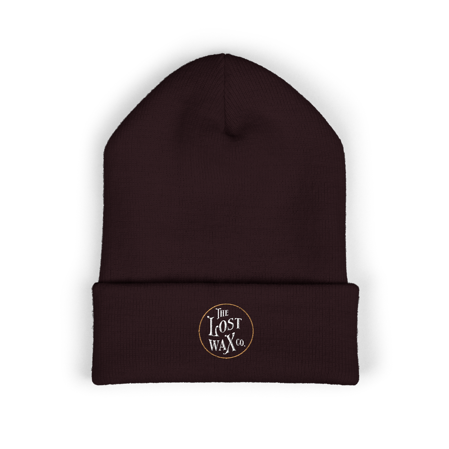 Brown beanie with 'The Lost Wax Co.' logo on a white background