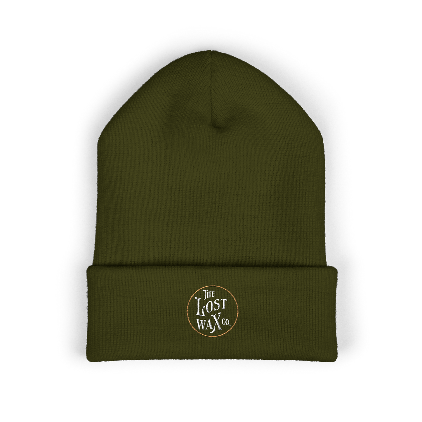Green beanie with 'The Lost Wax Co.' logo on a white background