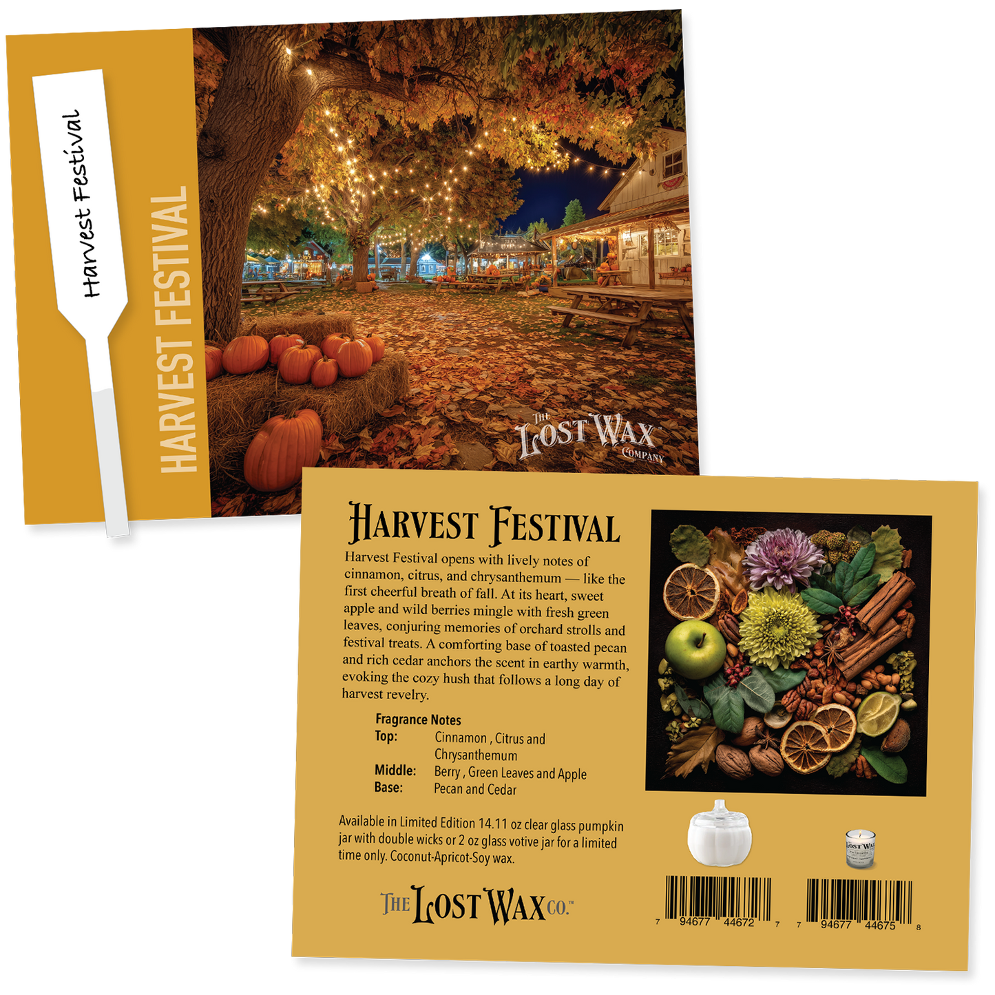 Harvest Festival fragrance sample card with scenic background and product details.