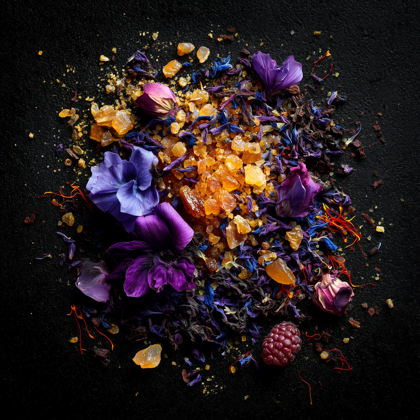 Colorful mix of dried flowers and herbs on a black background