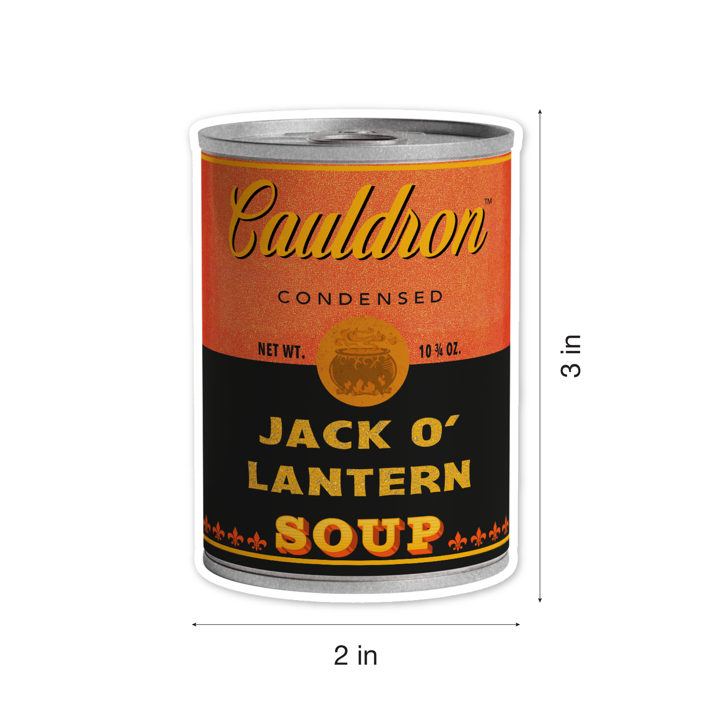 Cauldron™ Brand Condensed Jack O'Lantern Soup - 2x3 inch vinyl sticker by Studio Ten Design (with dimensions)
