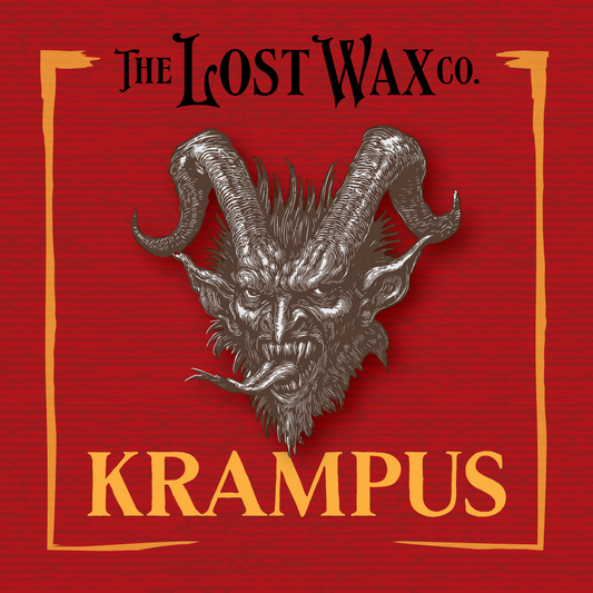 Krampus design with 'The Lost Wax Co.' text on a red background