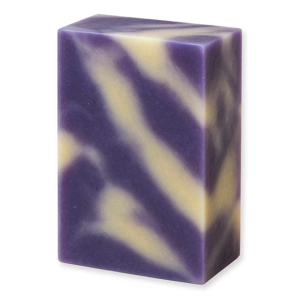 A rectangular bar of soap with a marbled pattern of purple and pale cream, photographed on a clean white background.