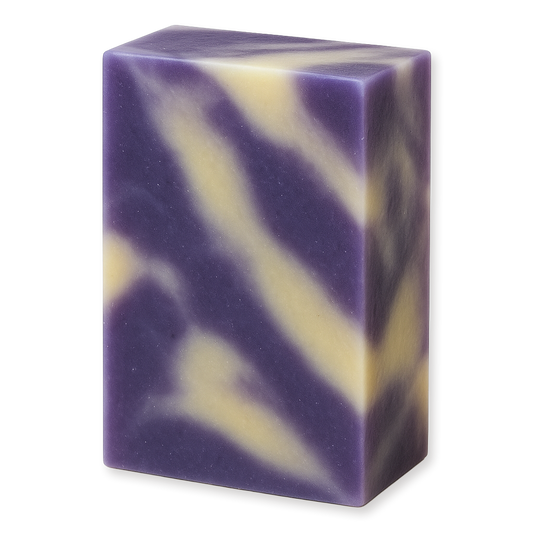 A rectangular bar of soap with a marbled pattern of purple and pale cream, photographed on a clean white background.