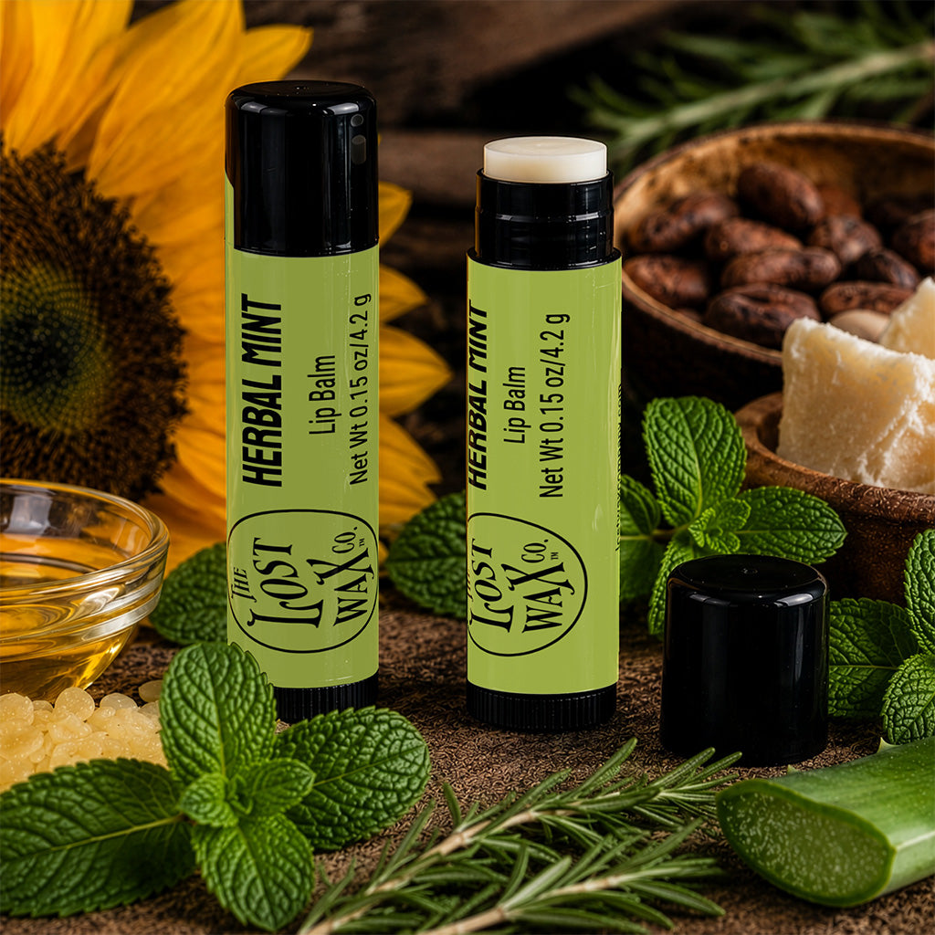 Two tubes of Lost Wax Co. Herbal Mint Lip Balm are displayed on a rustic wooden surface with natural ingredients including rosemary, aloe vera, cocoa beans, and a sunflower in the background.