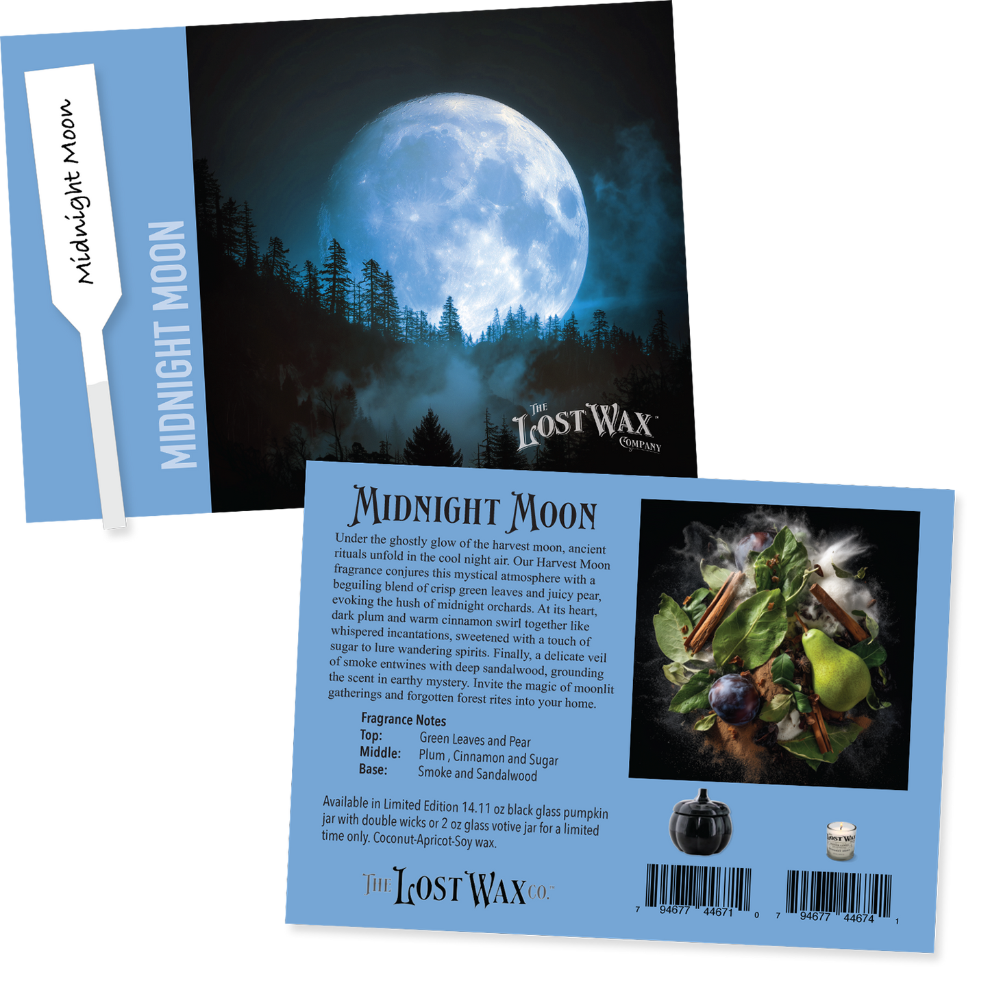 Lost Wax Midnight Moon fragrance sample card with scent strip and product details.